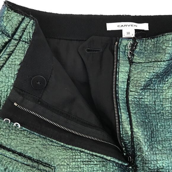 Carven Cargo Mini Skirt Size 38 Textured Green Metallic Curved Hem - Picture 5 of 10